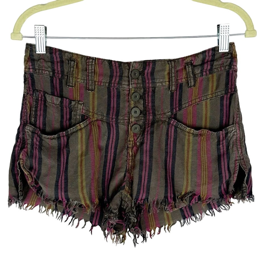 Free People Green Striped Linen/Lyocell Blend Fringe Button Up Shots Sz Small